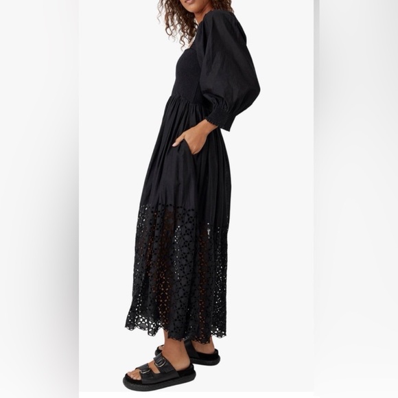 Free people perfect storm smocked eyelet long sleeve maxi dress L - Picture 3 of 12